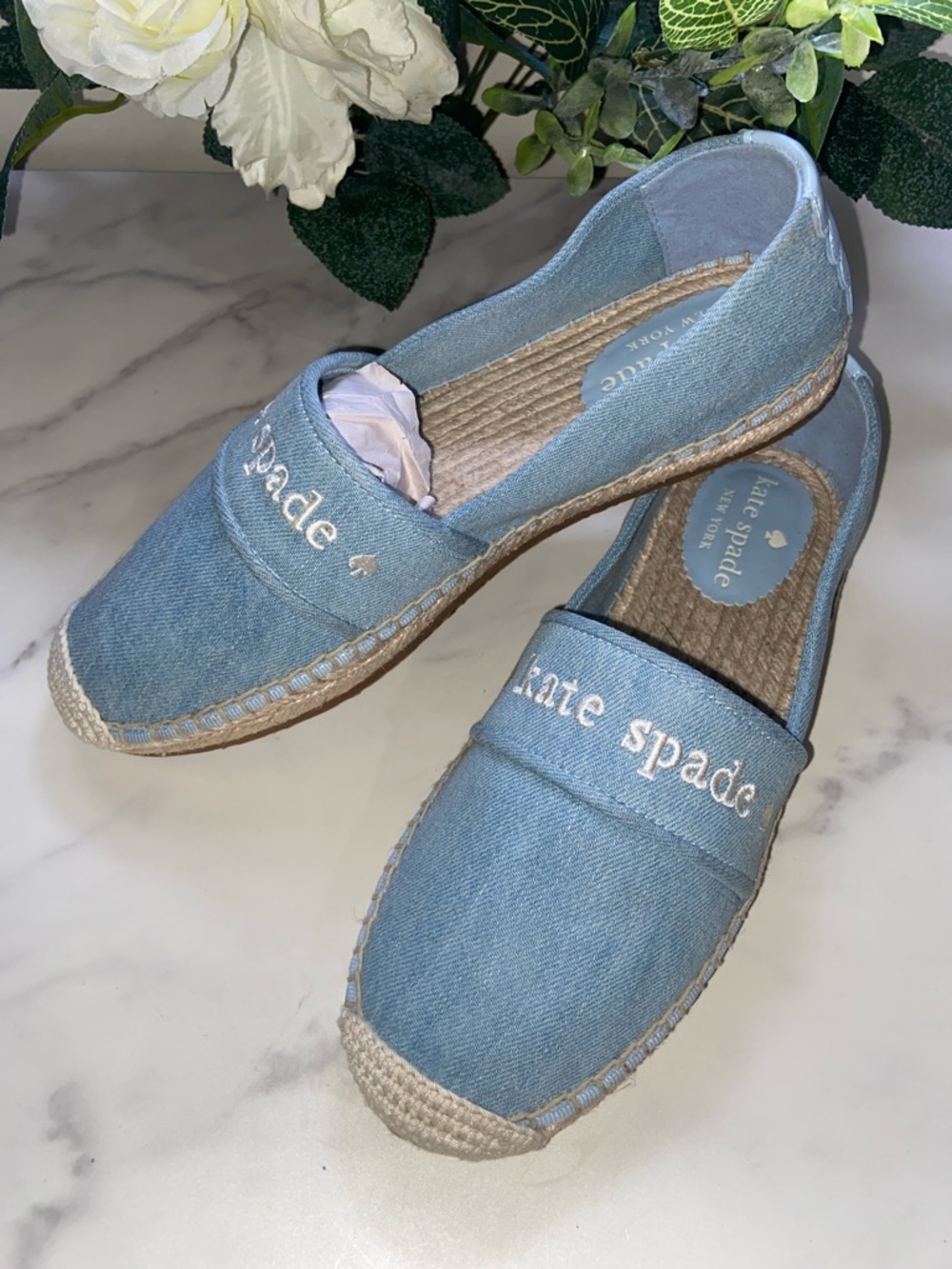 kate spade Light Blue Denim Espadrille Slip-Ons with Embroidered Logo Size 7B
